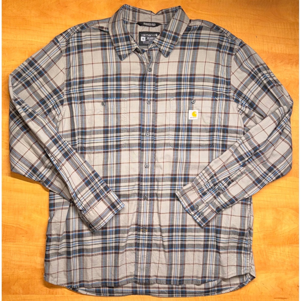 Carhartt Rugged Flex Relaxed Fit Plaid Button Down Shirt Mens XL Grey
